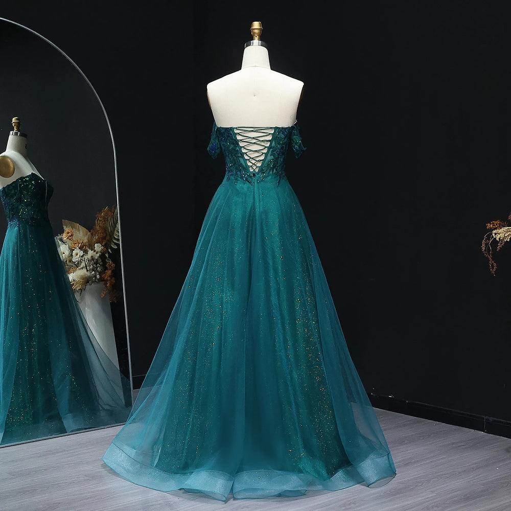 Close-up of sequined bodice on tulle prom dress