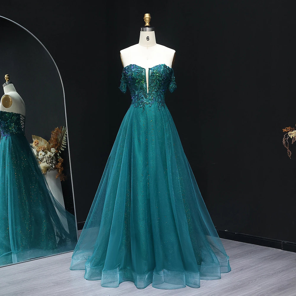 Strapless backless A-line floor-length sequin prom gown on mannequin