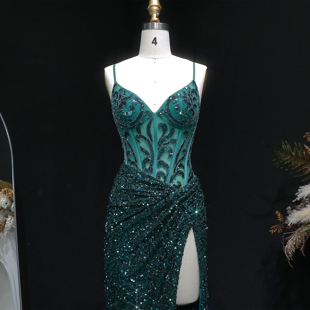 Close view of sequin texture and crystal beading on evening gown