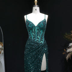 Close view of sequin texture and crystal beading on evening gown