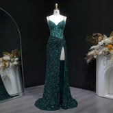Floor-length embellished prom gown with fitted silhouette and side slit
