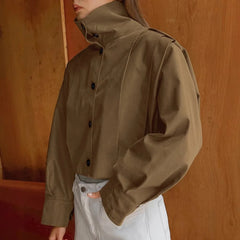 Epaulet turtleneck brown trench outerwear styled for fall winter