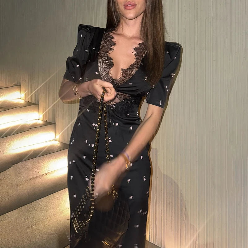 Evening lace panel midi party dress with modern silhouette