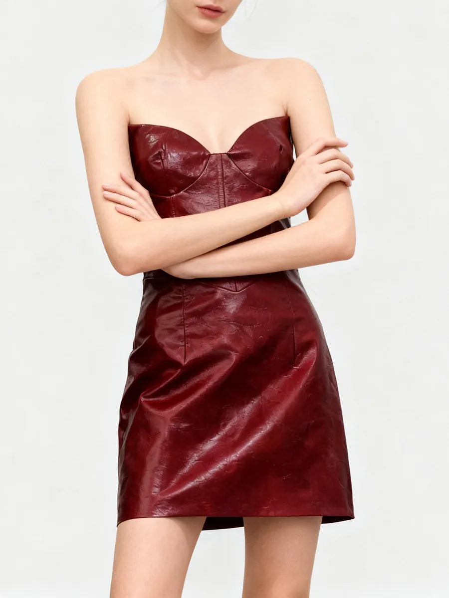 A faux-leather sheath mini dress highlighting slim contour, zipper alignment, and fitted silhouette.