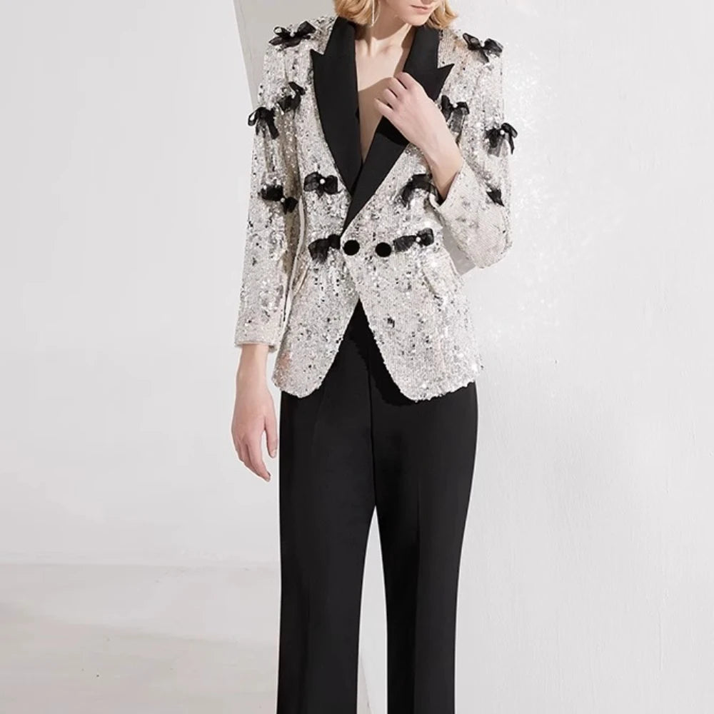 Shimmering silver pantsuit designed for formal occasions