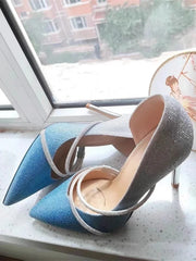 Event glam blue heels, pointed toe, and sequin finish
