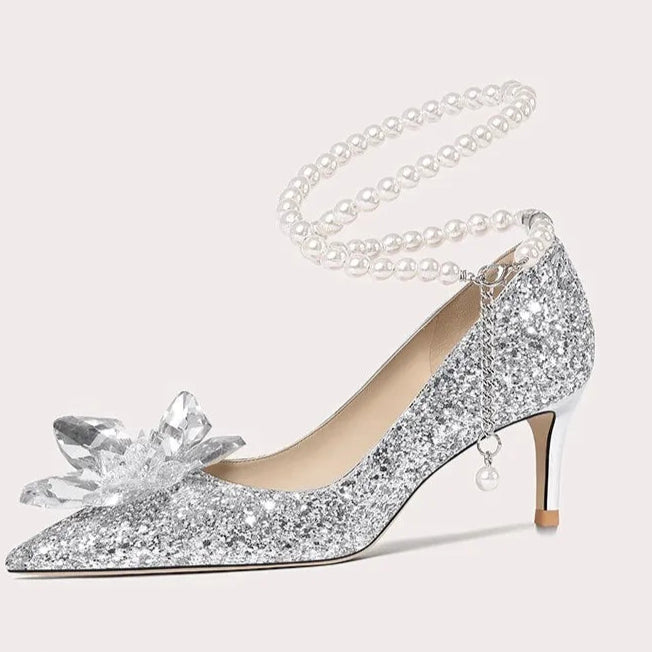 Event glitter crystal stiletto shoes with pointed toe and bow