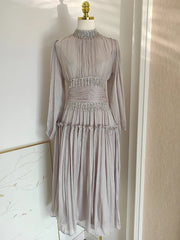 High Neck Pleated Midi Dress with Beaded Waist Detail