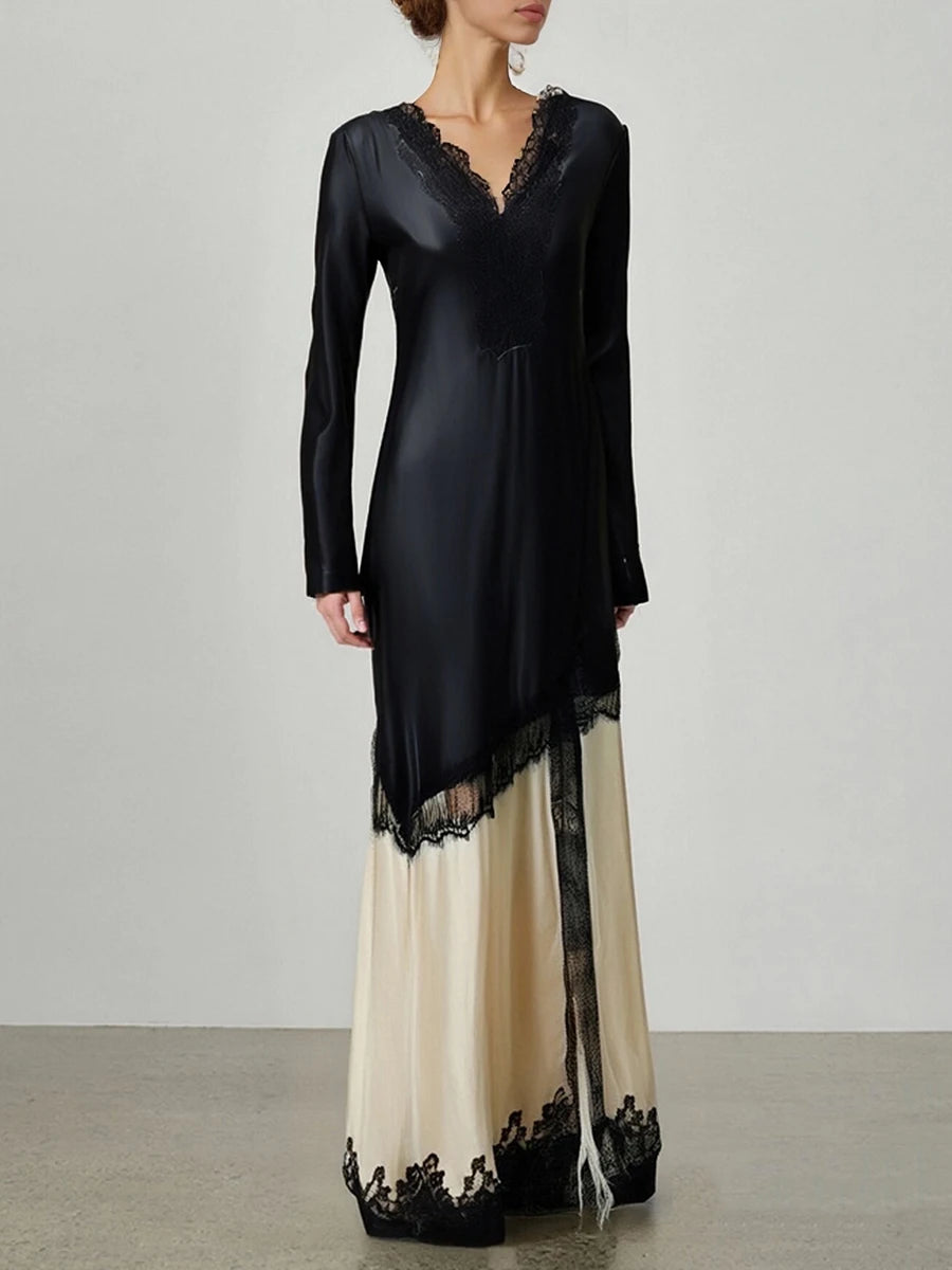 Modern fall ankle-length A-line dress with intricate patchwork and lace