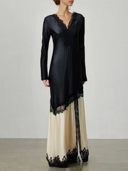 Modern fall ankle-length A-line dress with intricate patchwork and lace