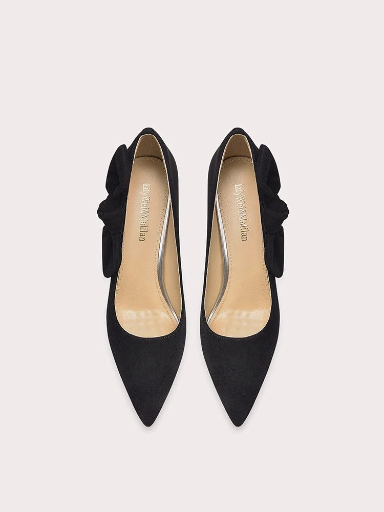 Women’s suede bow pumps for weddings and banquets