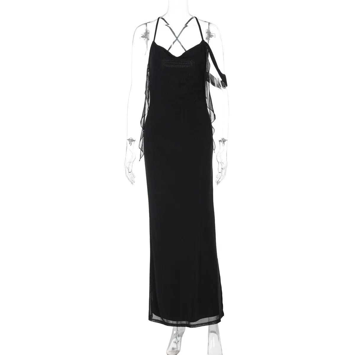 Figure-hugging-black-dress-minimalist-look on a mannequin against a white background