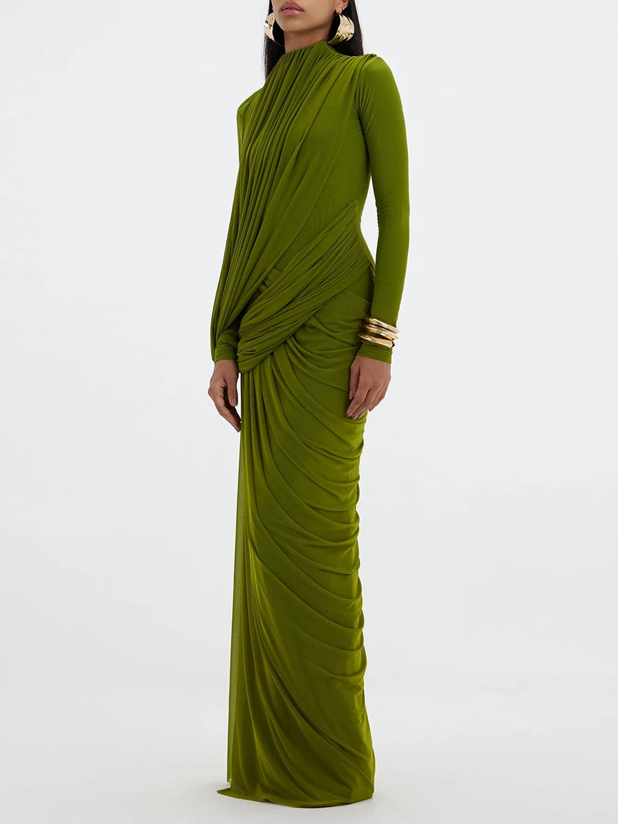 High neck long sleeve maxi dress with asymmetric gathered skirt