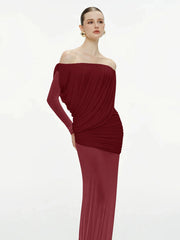 Empire waist formal dress with draped bodice and floor-length hem