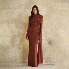 Full-length view of the relaxed A-line maxi gown, featuring long sleeves and a smooth skirt fall designed for formal occasions.
