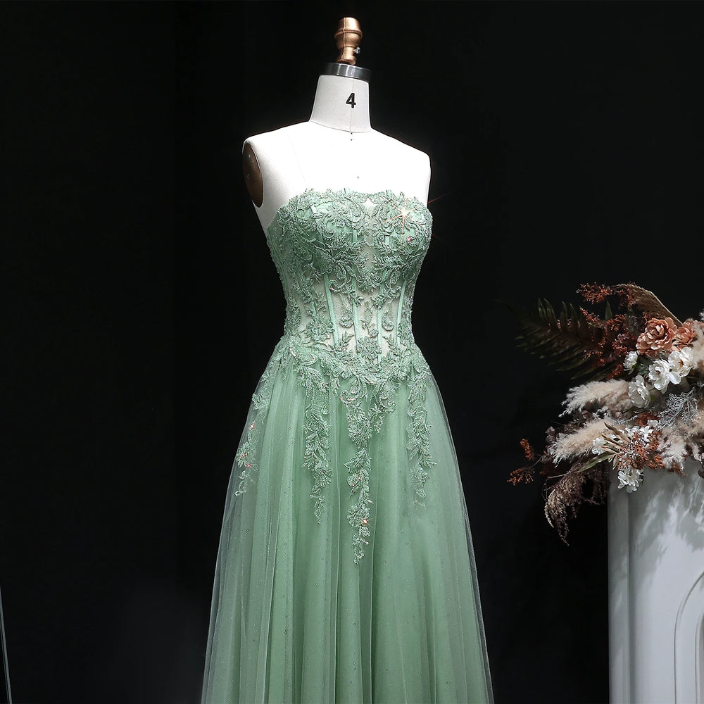 Floor-length A-line evening gown with textured appliqué detailing