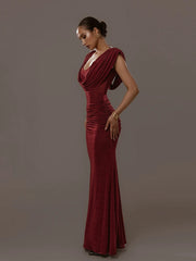 Floor-length velvet ruched evening gown for women
