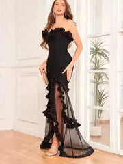 Floral applique sheer party dress in black with dramatic ruffles