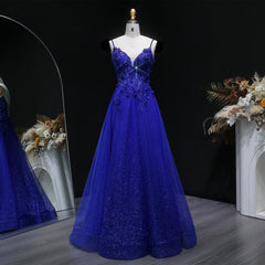 Floral appliqué tulle A-line gown with V-neckline and slim straps