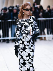 High-waist floral midi skirt with bold contrast pattern detail