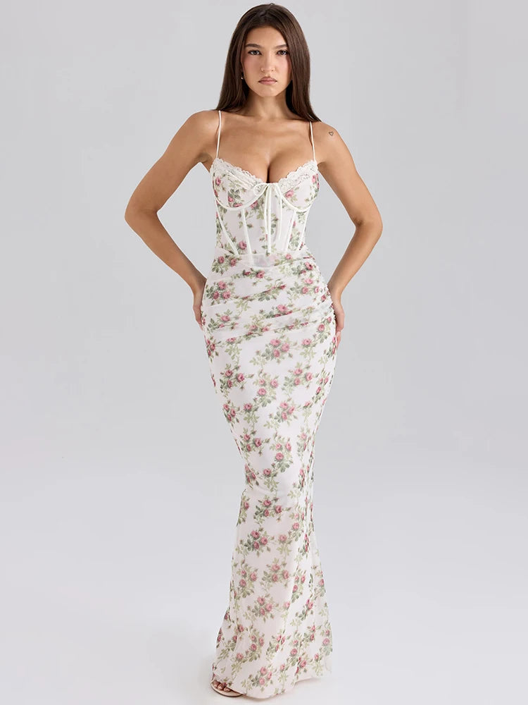 Floral corset maxi dress styled for romantic summer evenings