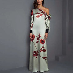 Floral one shoulder maxi dress styled for autumn event looks
