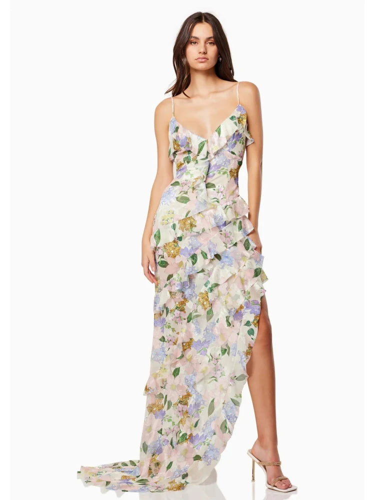 Floral ruffle maxi dress styled for formal occasions and events