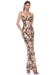 Floral sequin embroidered gown with V-neck styled for cocktail events