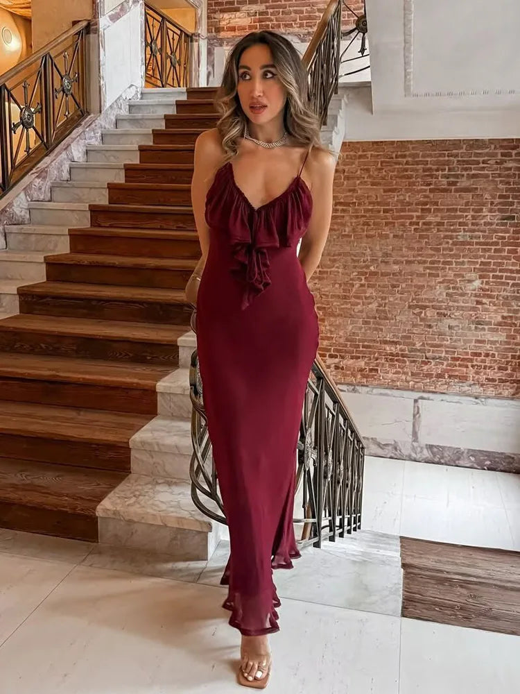 Flowy ankle-length burgundy party dress with tiered skirt detail