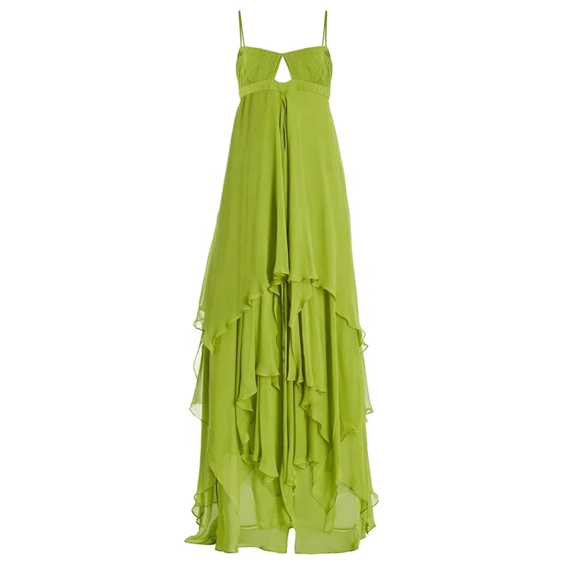 Sleeveless halter dress with layered skirt and lined construction