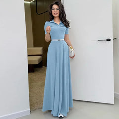 Flowy blue dress perfect for day-to-night minimalist style