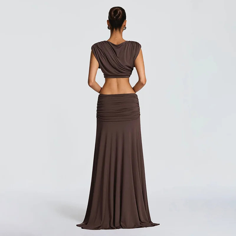 Pleated maxi skirt from a two-piece set with a smooth draped finish