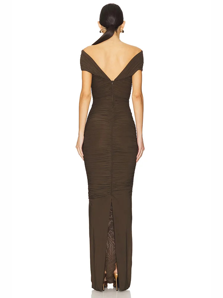Fold detail ankle-length formal dress in brown with modern shaping on a white background