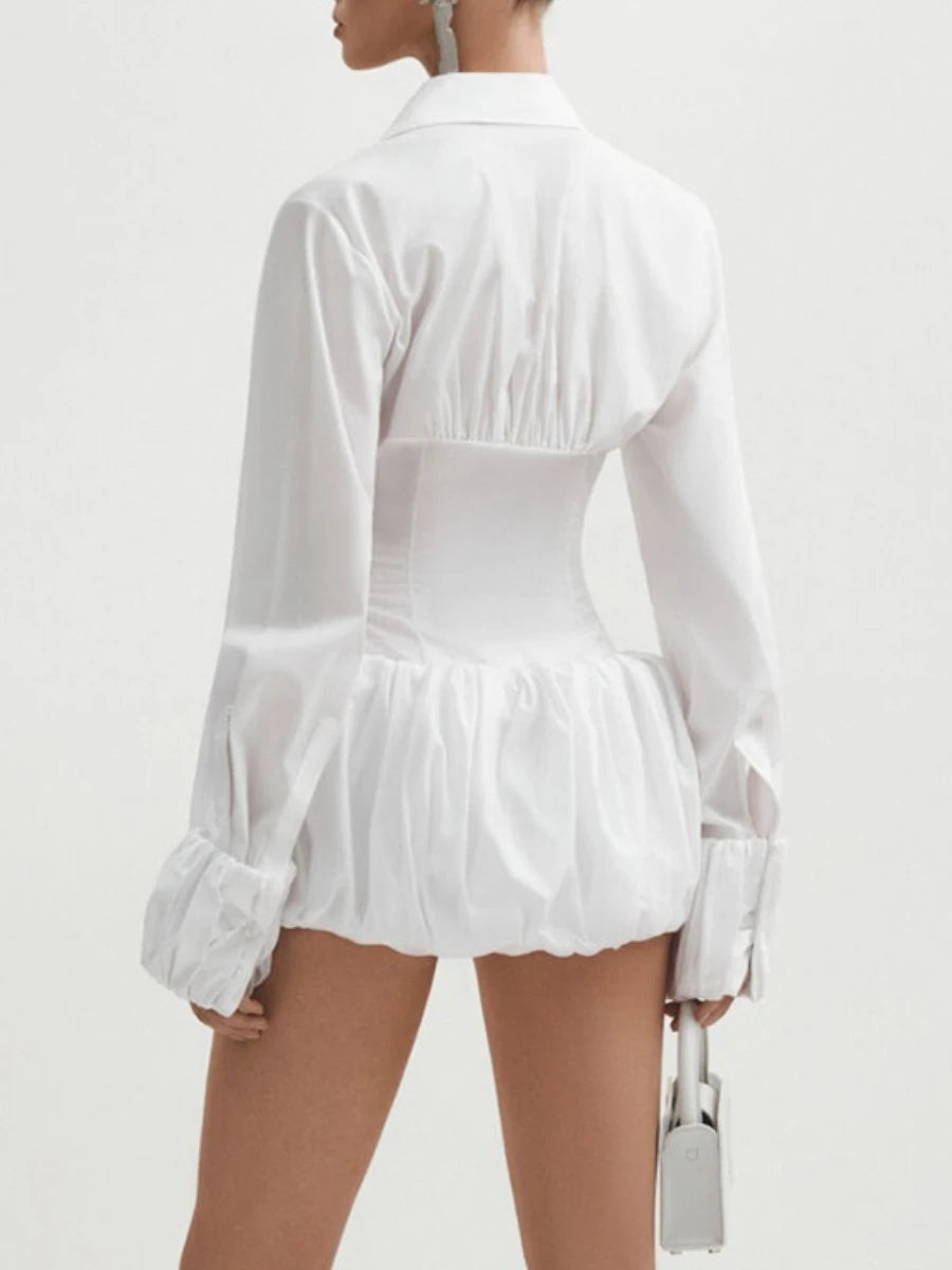 Folded waist white dress with long sleeves