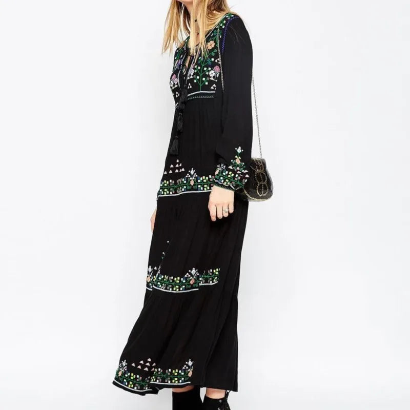 Folk style green floral maxi gown ideal for weddings and festivals