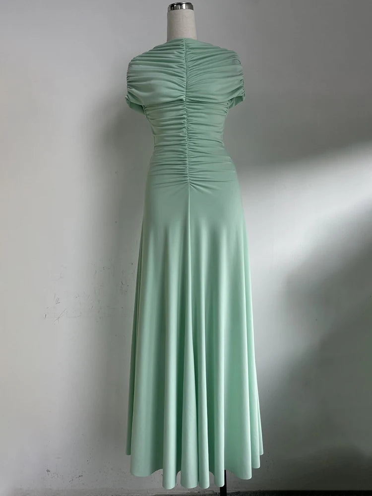 Short sleeve sheath dress with pleated detailing and ankle-length hemline