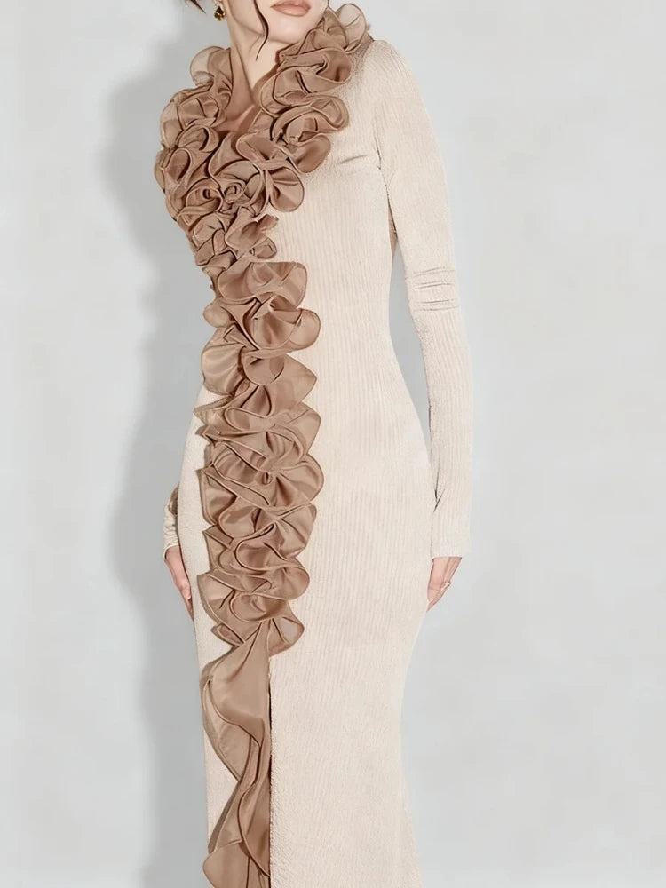 Styled look featuring the ruffled evening gown paired with minimal heels for a formal event