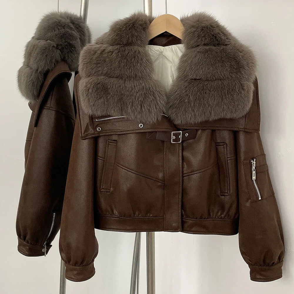 Brown winter coat with zipper and plush fur trim