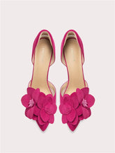 Fuchsia flower pointed party pumps with 3D floral appliqué