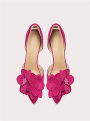Fuchsia flower pointed party pumps with 3D floral appliqué