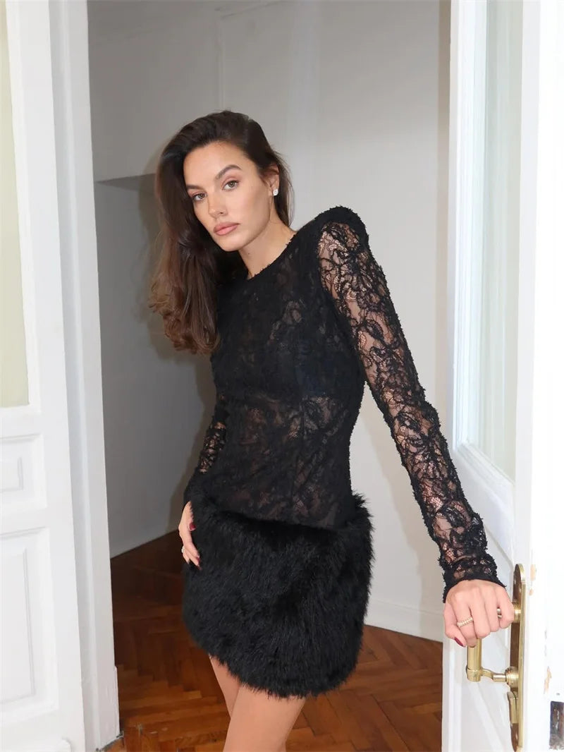 Close-up capturing the faux-fur skirt texture and fitted lace bodice, showcasing the dresses unique contrast of materials.