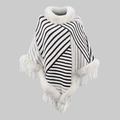 Striped shawl with soft fur trim