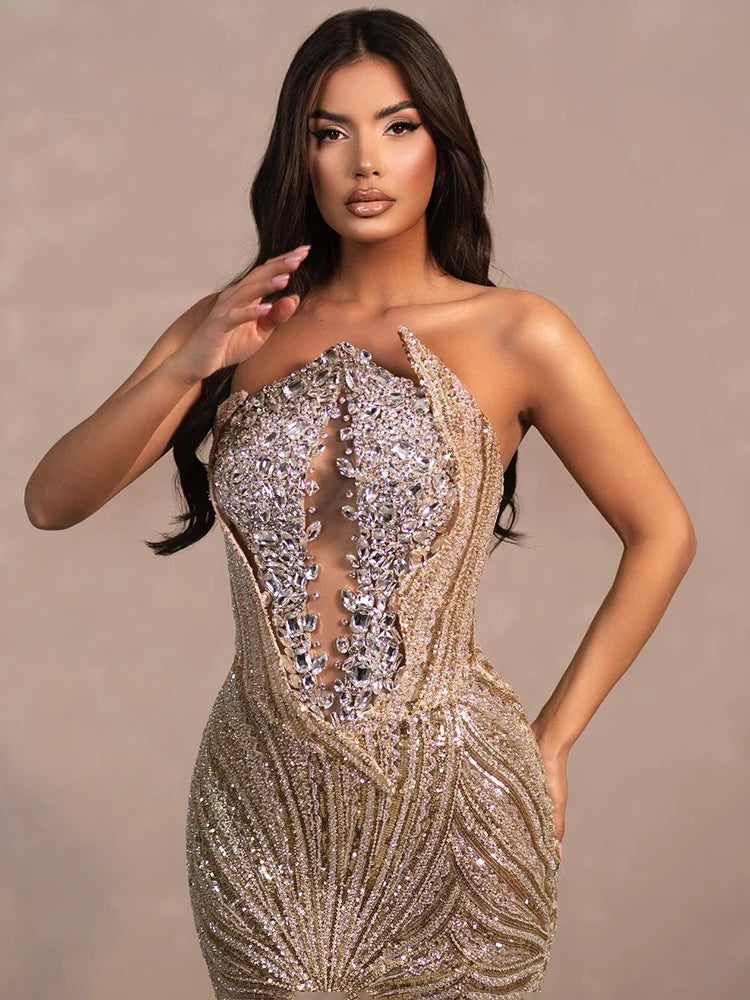 Geometric sequin beaded formal dress shown for gala inspirations