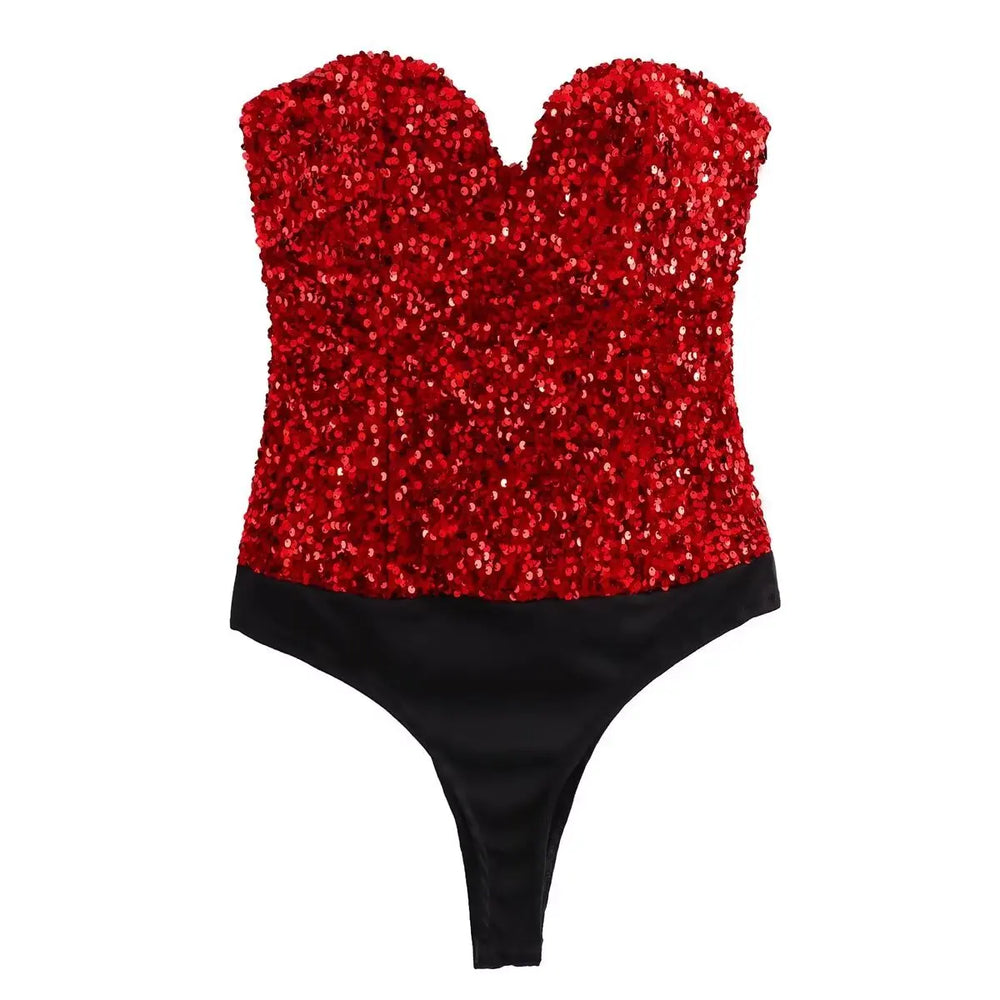 Emerald green sequined bodysuit displayed in a party-ready look.