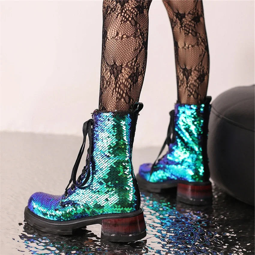 Gold and blue sequined ankle boots with lace-up front