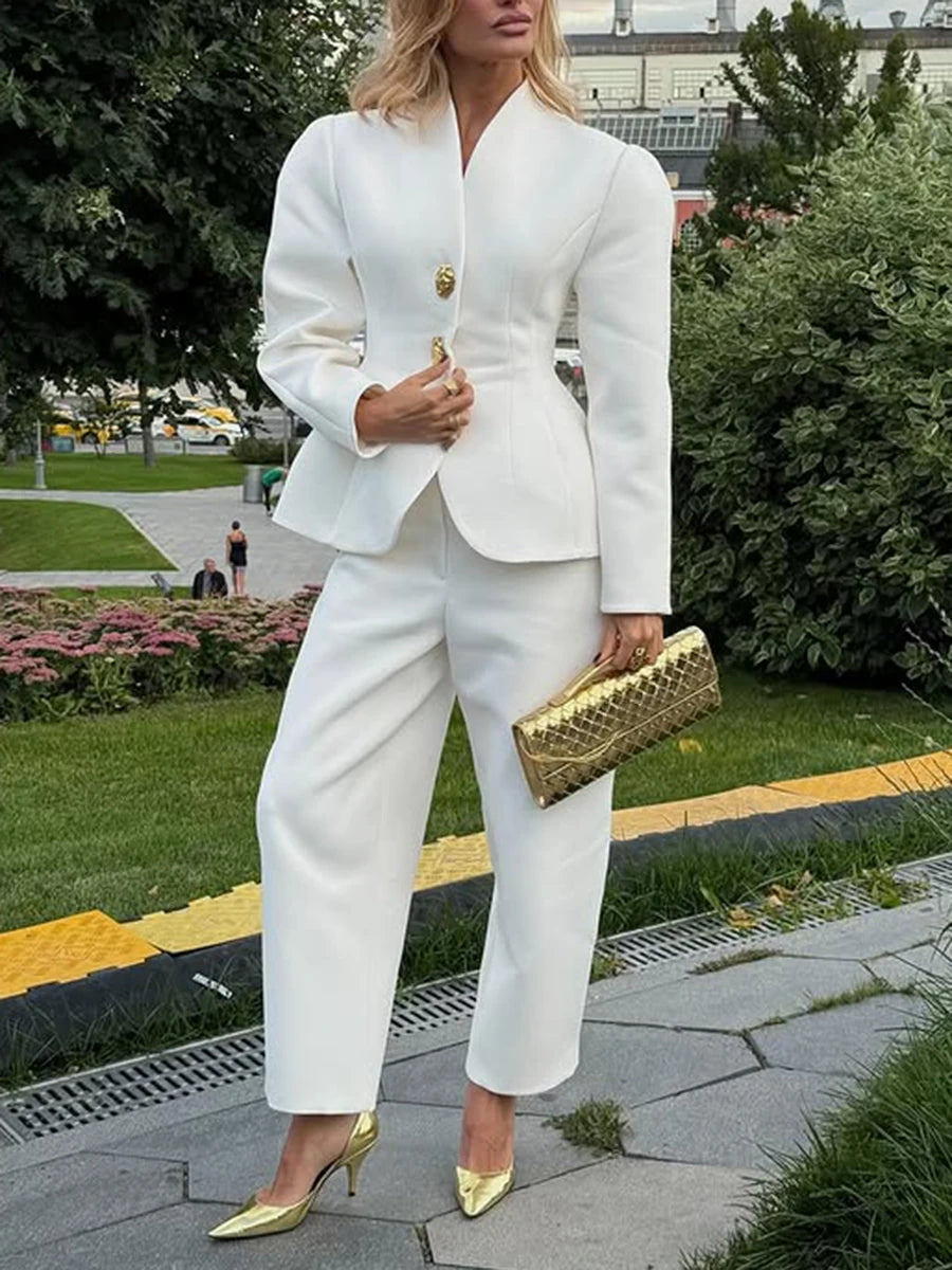 Stand collar tailored blazer with straight-leg trousers