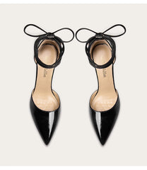 Gold fringe party sandals in black with block heel and pointed toe