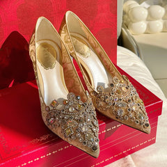 Gold lace crystal embellished heels for parties and weddings