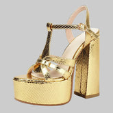 Gold metallic platform chunky heel sandal