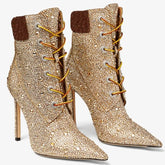 Gold rhinestone lace-up ankle boot heels with pointed toe
